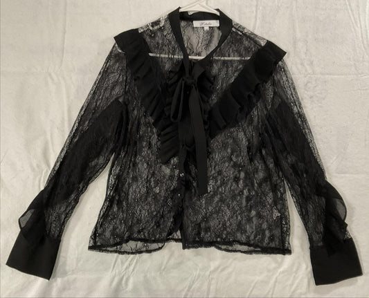 H.studio Blouse Womens 2X Black Lace Sheer Ruffle Bow V Neck Long Sleeve Top