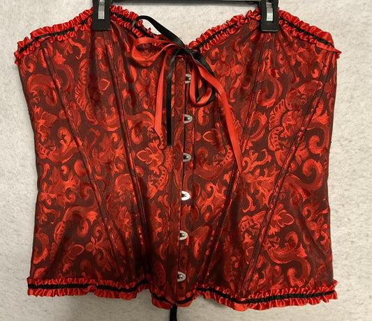 Topmelon Corset Womens 2XL Red Floral Jacquard Ruffle Lace Up Boned Overbust