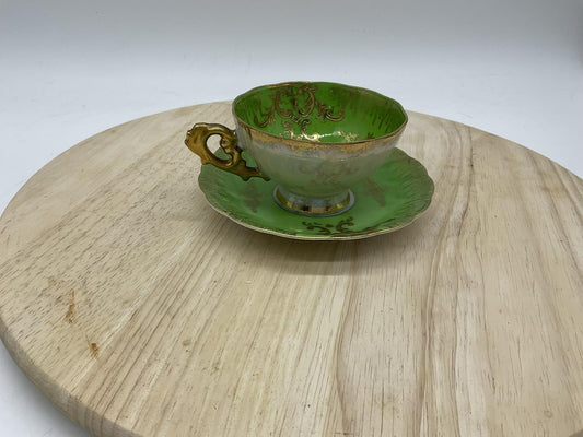 Royal Sealy China Green Luster Tea Cup Saucer Gold Scrollwork Rococo VTG Rare