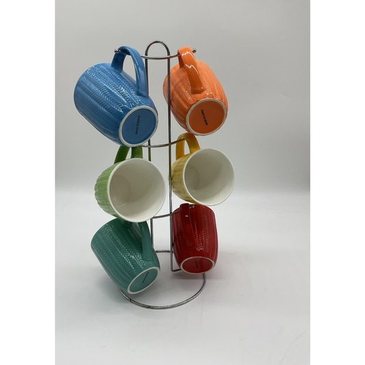 Colorful Embossed Ceramic Coffee Mugs Set of 6 With Chrome Metal Mug Tree Rack
