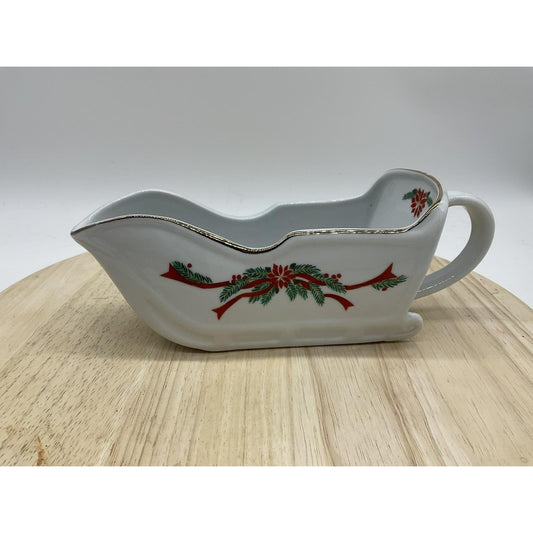 Tienshan Fine China Christmas Sleigh Gravy Boat White Poinsettia Gold Trim HollY