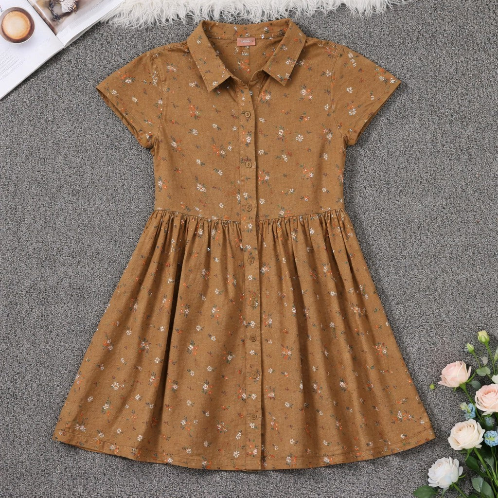 Lucky Penny Shirt Dress Girls 6X Brown Floral Button Front Collared Casual Cute