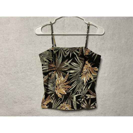 Be Smart Tank Top Womens Small Black Green Brown Leaf Print Strap Lined USA Y2K