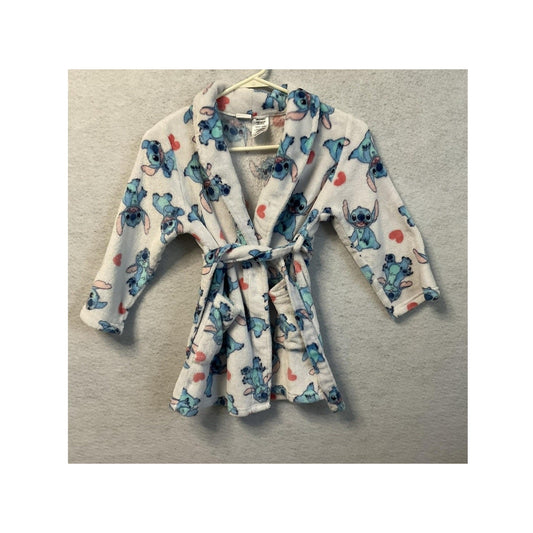 Disney Stitch Robe Girls 6/6X White Blue Plush Fleece Bathrobe Hearts Belted