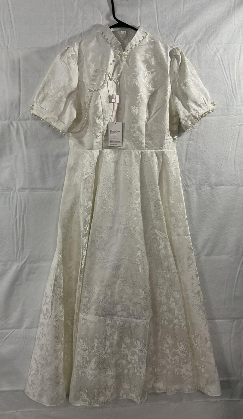 Doveyaf Dress Womens 2XL White Jacquard High Neck Puff Sleeve Qipao Wedding NWT