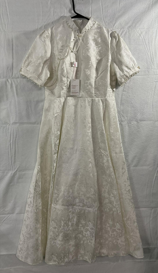 Doveyaf Dress Womens 2XL White Jacquard High Neck Puff Sleeve Qipao Wedding NWT