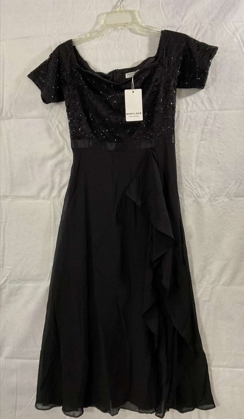 Berylove Dress Womens Small Black Sequin Lace Chiffon Midi Formal Gown NWT