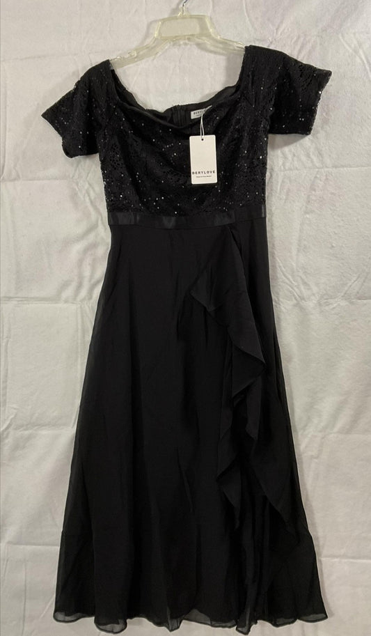 Berylove Dress Womens Small Black Sequin Lace Chiffon Midi Formal Gown NWT