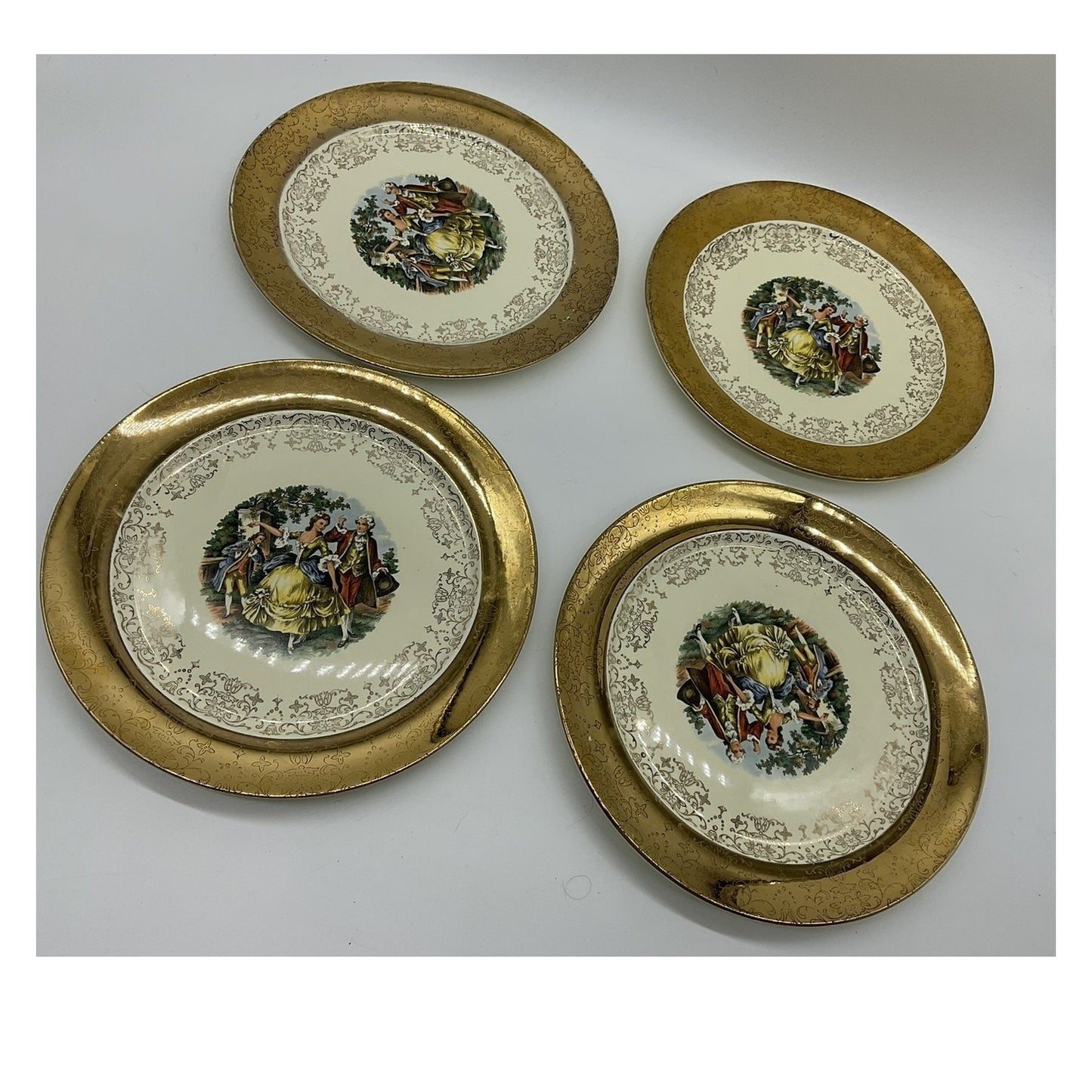 Vintage Sabin Crest-O-Gold Dinner Plates Set 4 Gold Courting Couple Rococo USA