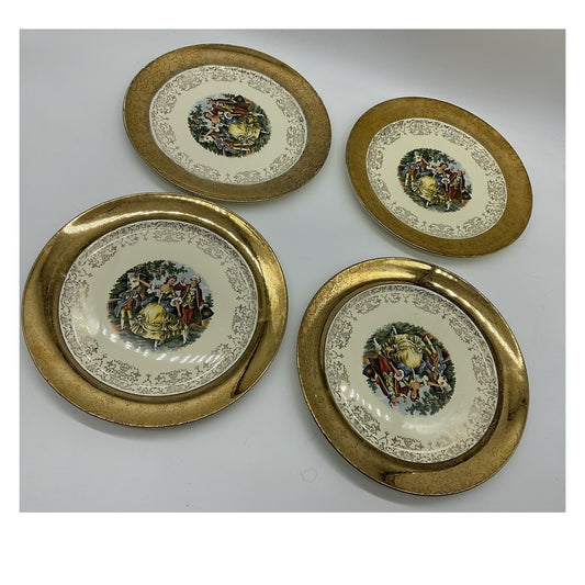 Vintage Sabin Crest-O-Gold Dinner Plates Set 4 Gold Courting Couple Rococo USA
