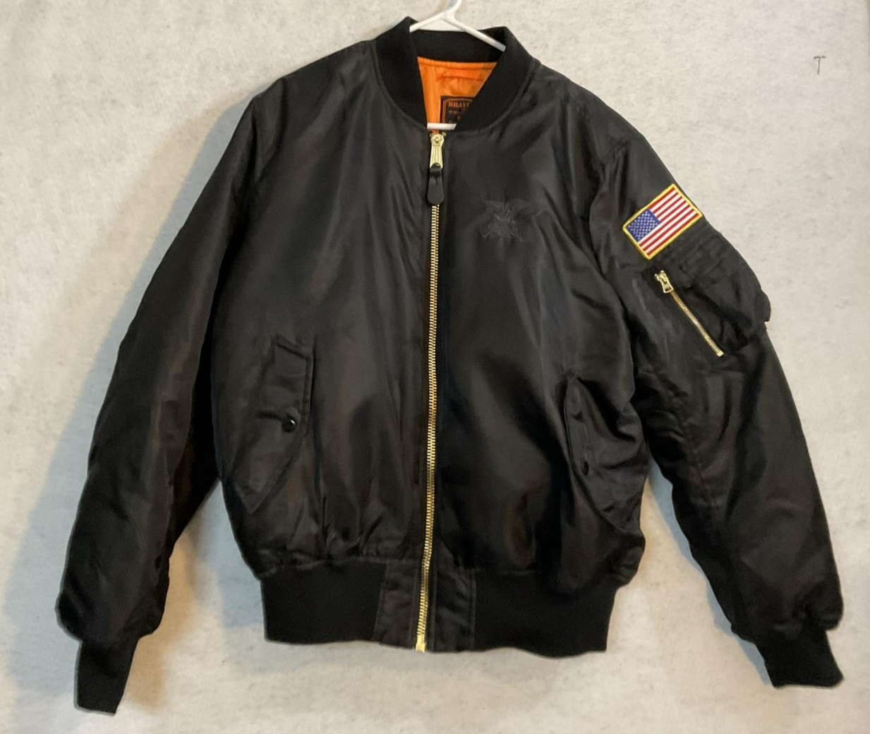 Burk's Bay Jacket Mens XL Black Bomber Bravo Series USA Flag Patch Lined Eagle