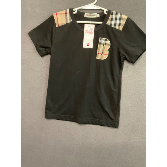 Aile Rabbit Girls Size 8 Black T-Shirt Plaid Shoulder B Patch NWT