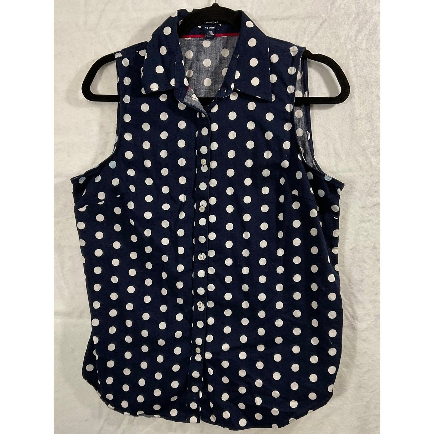 Chaps Sleeveless Button Down Womens Large Navy Blue Polka Dot No Iron Shirt