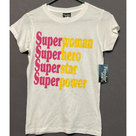 Women Junior Med t-shirt Superwoman Hero Star Power graphic white tee NTW