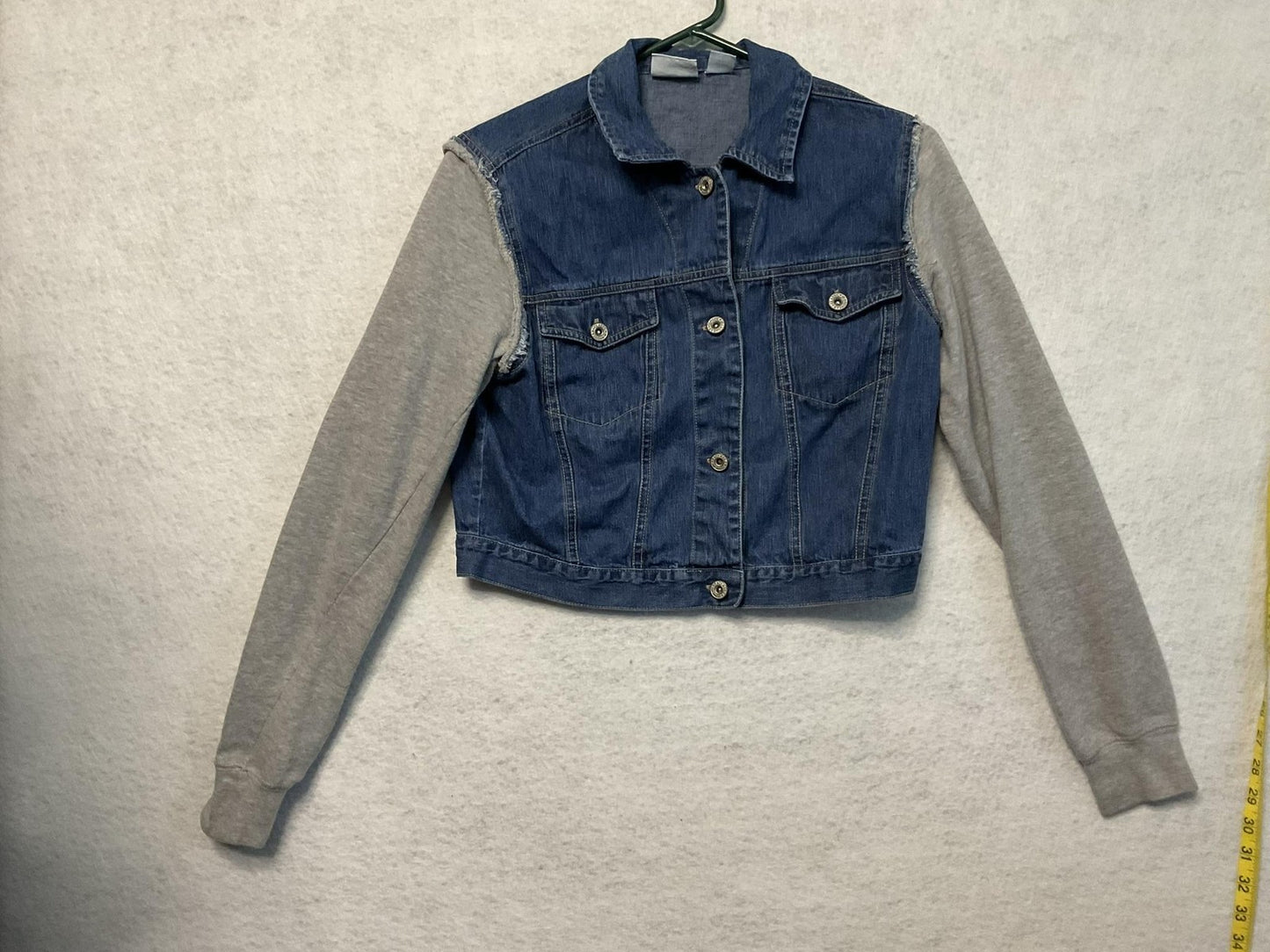 Jacket Womens Medium Denim Jean Mixed Media Gray Sleeves Cropped