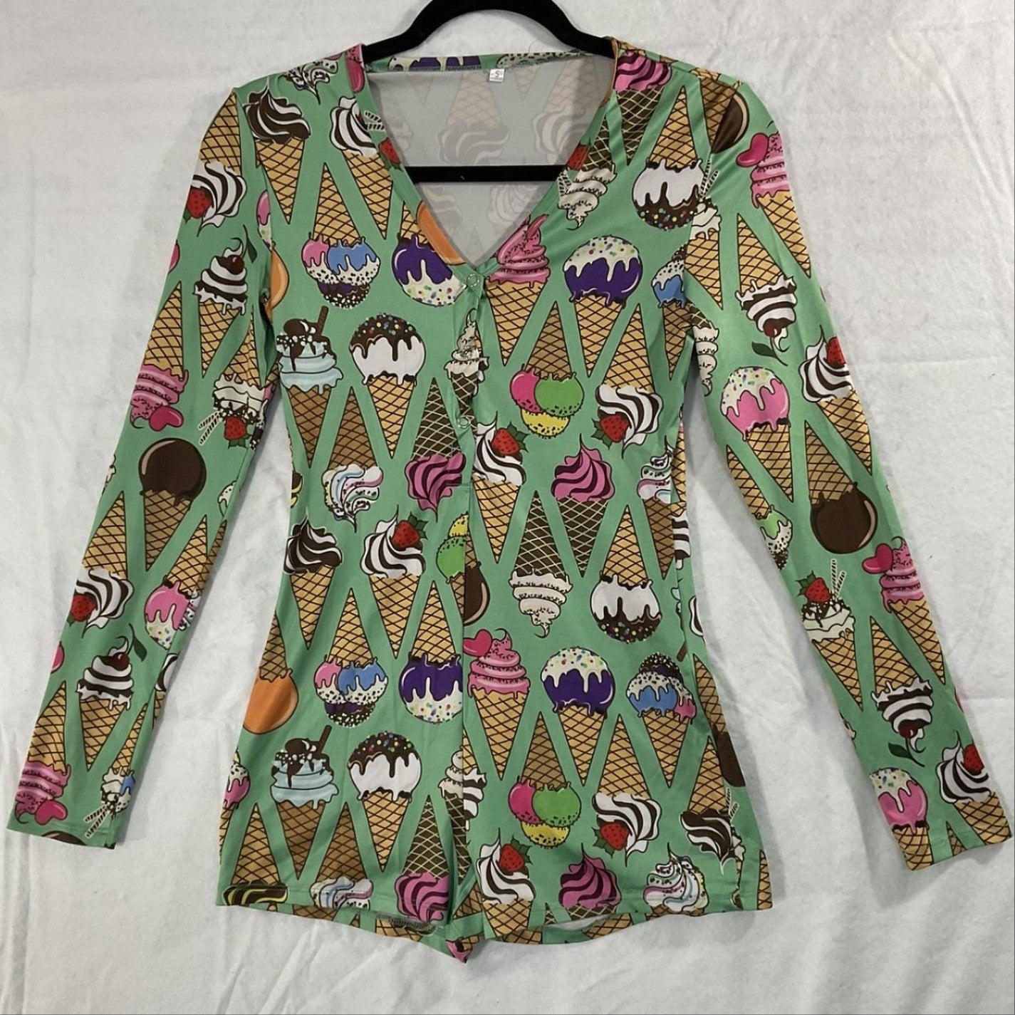 Romper Womens Small Multicolor Ice Cream Print Long Sleeve V Neck Button Stretch