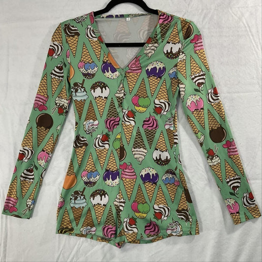 Romper Womens Small Multicolor Ice Cream Print Long Sleeve V Neck Button Stretch