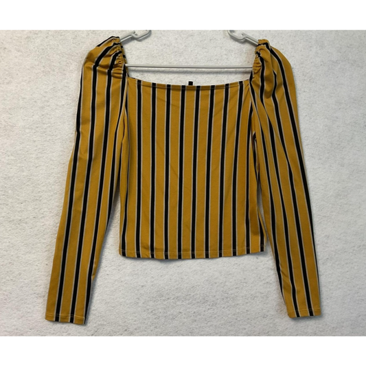 Daisy May Shirt Womens Small Yellow Black Stripe Square Neck Long Sleeve Stretch