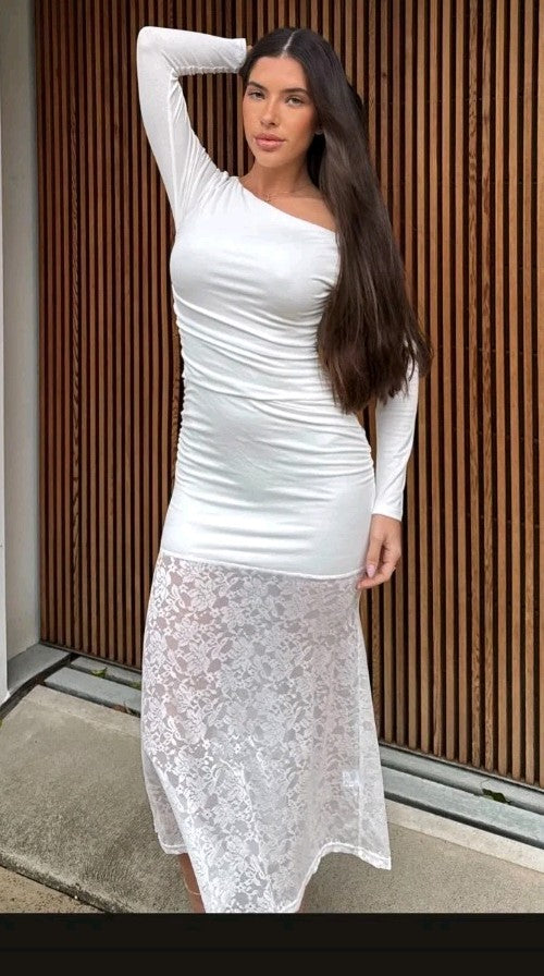 ZESICA Dress Womens Large White Off Shoulder Lace Maxi Ruched Formal Gown New