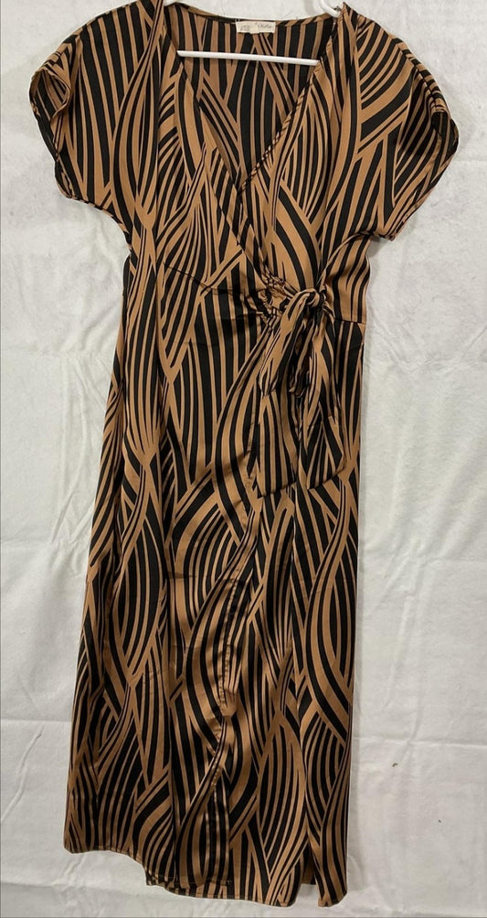 Joie De Vivre Dress Womens Large Brown Stripe Wrap Short Sleeve Tie Waist Midi