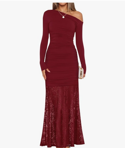 ZESICA Dress Womens Medium Red One Shoulder Lace Maxi Ruched Bodycon New