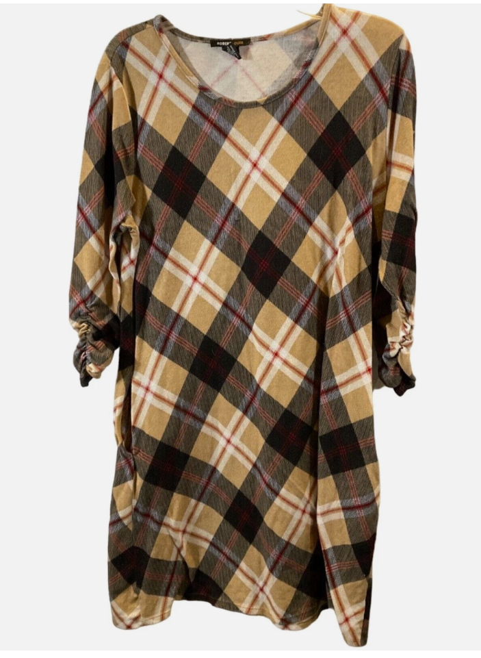 Robert Louis Dress Womens Large Tan Plaid 3/4 Sleeve Knit Shift Fall Casual