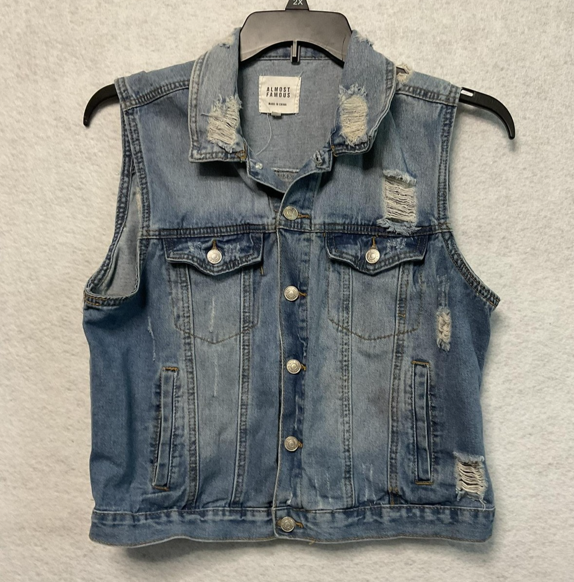 Almost Famous Vest Womens Large Blue Distressed Denim Button Front Sleeveless