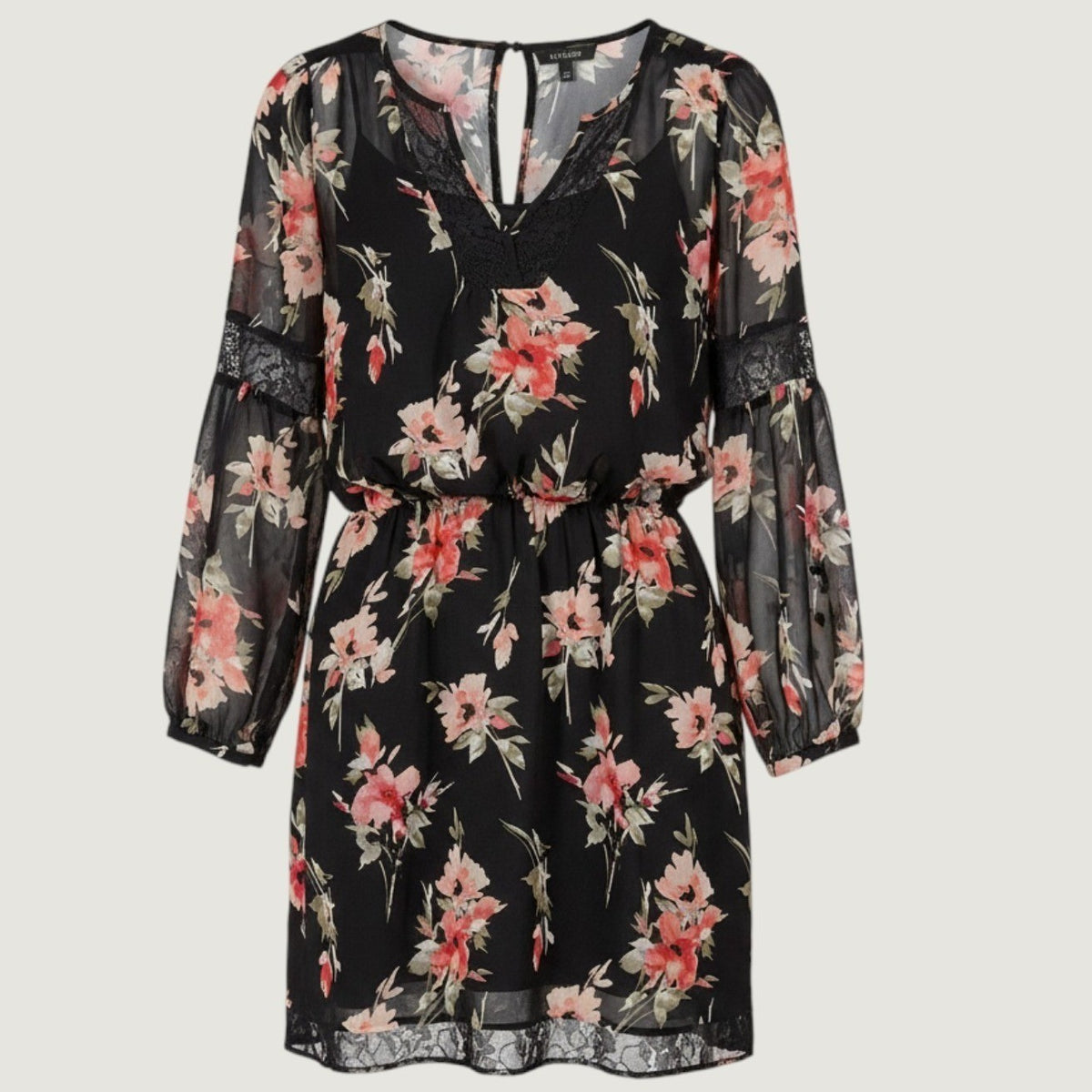 White House Black Market Floral Mini Dress Women 4 Black Lace Trim Chiffon Boho