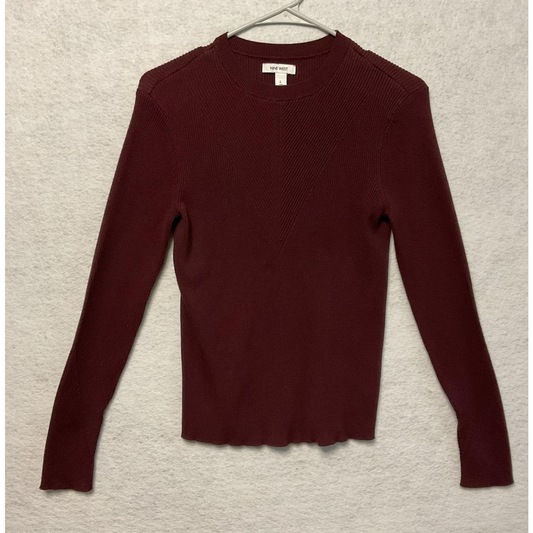 Nine West Sweater Womens Large Burgundy Ribbed Knit Crew Neck Long Sleeve Top