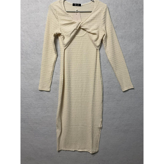 Viciall Dress Womens Small Cream Textured Long Sleeve Midi Bodycon Knot Detail