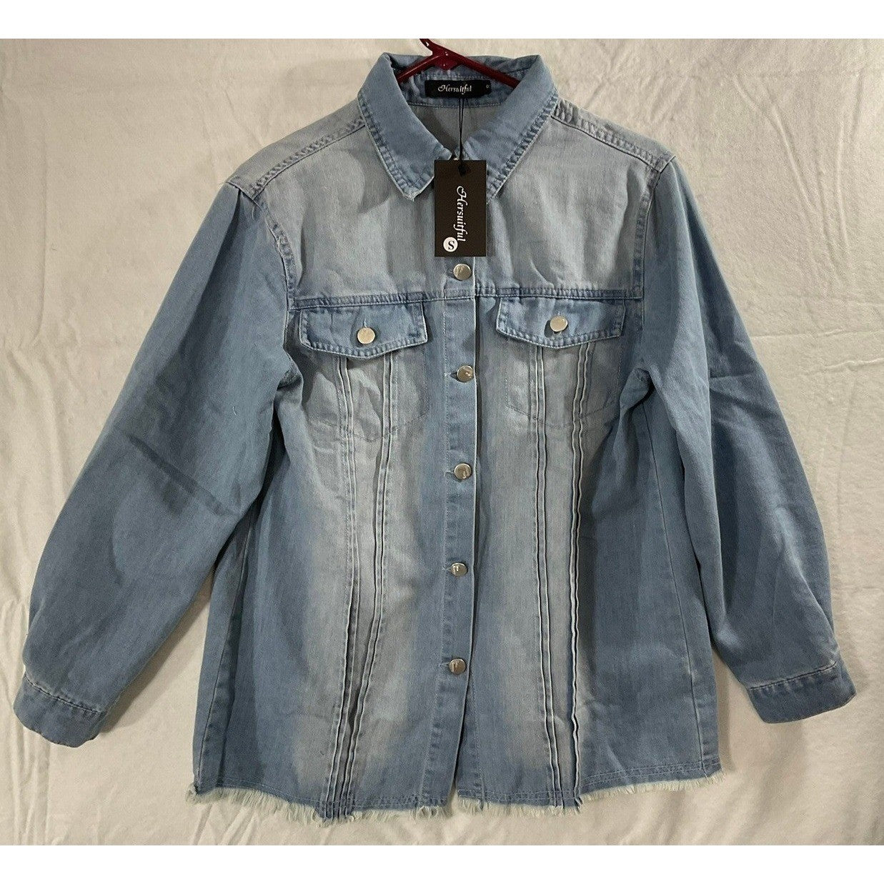 Hersuitful Denim Jacket Women Small Light Blue Raw Hem Pleated Shacket NWT