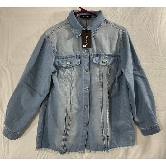 Hersuitful Denim Jacket Women Small Light Blue Raw Hem Pleated Shacket NWT