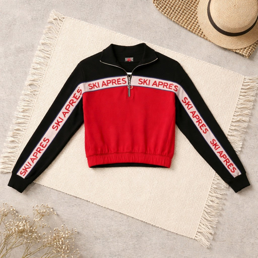 Holiday Sweater Sweater Womens/Teen Small Red Black Ski Après 1/4 Zip Fleece Top