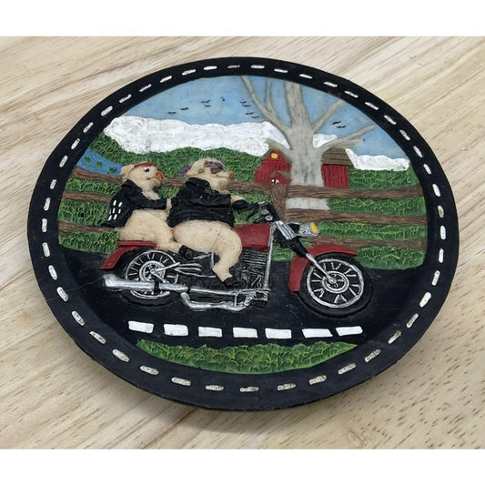 Biker Bears Motorcycle 3D Resin Round Decor Plaque Folk Art Country Barn Scene