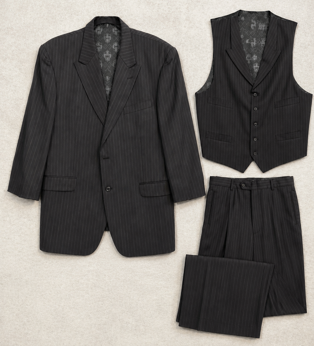 Vintage Phat Farm Suit Men 44 Gray Wool Pinstripe 3 Piece Pant 37x29 Vest Mexico