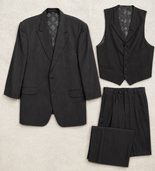 Vintage Phat Farm Suit Men 44 Gray Wool Pinstripe 3 Piece Pant 37x29 Vest Mexico