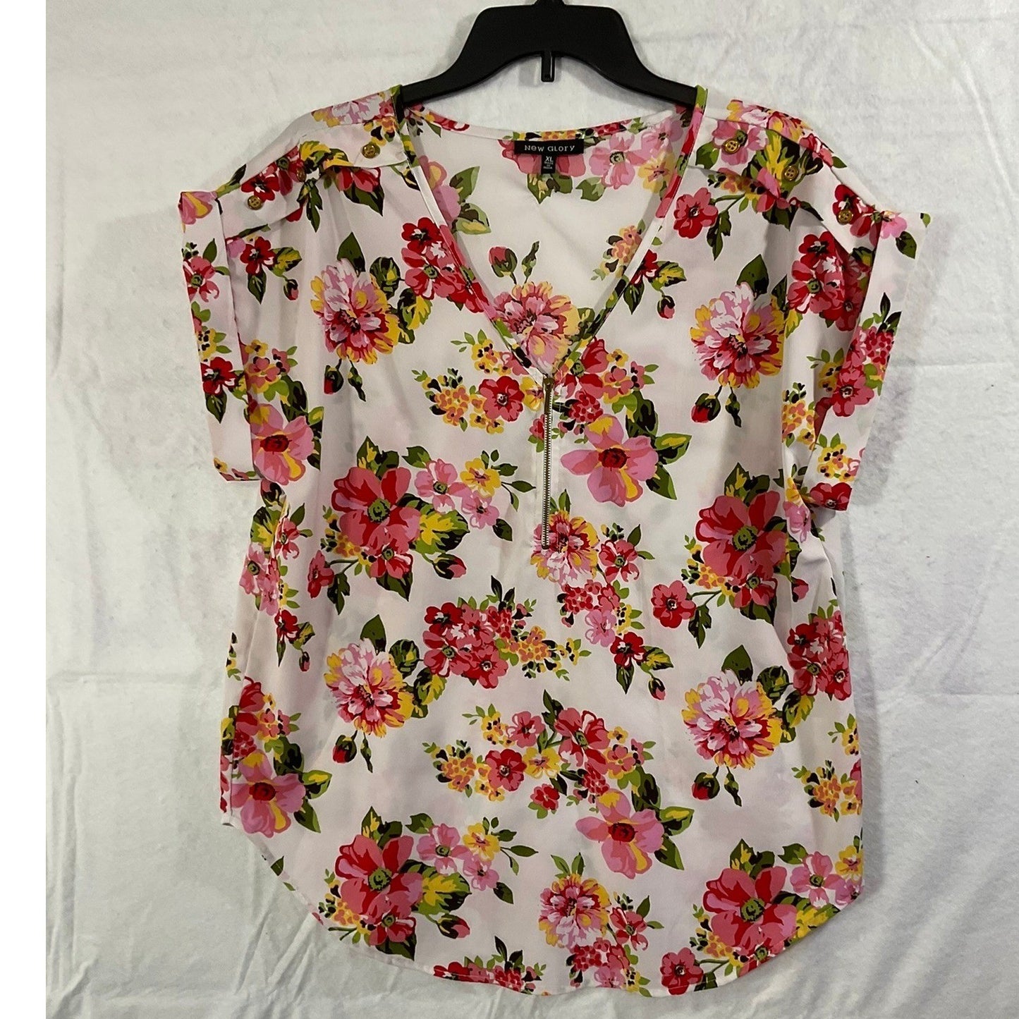 New Glory Floral Blouse Womens XL Multi Color Zipper V-Neck Short Sleeve Top