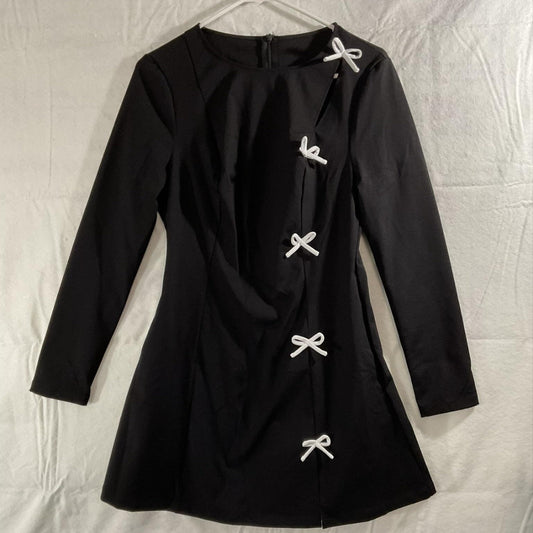 Dress Juniors 3 Black Mini Shift Long Sleeve White Bow Front Casual Party
