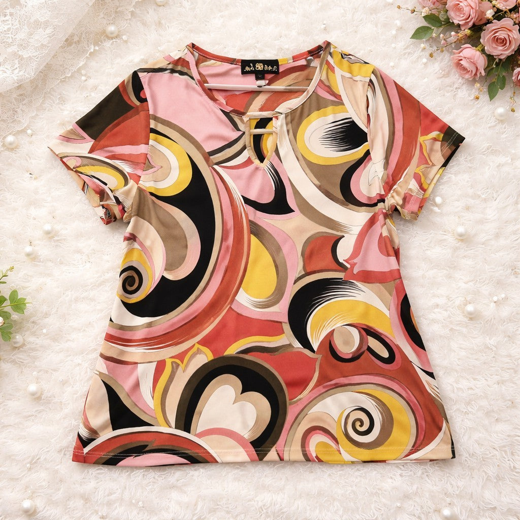 80 Park Blouse Womens 1X Multicolor Geometric Keyhole Short Sleeve Stretch Top