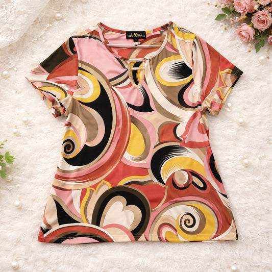 80 Park Blouse Womens 1X Multicolor Geometric Keyhole Short Sleeve Stretch Top