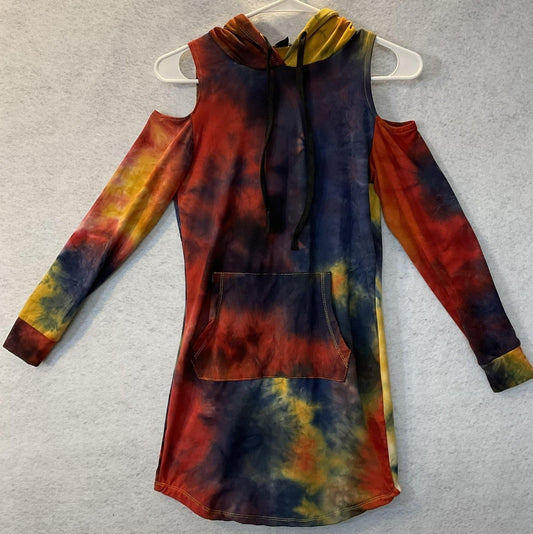 Tove Dress Womens Small Multicolor Tie Dye Hooded Cold Shoulder Fleece Mini