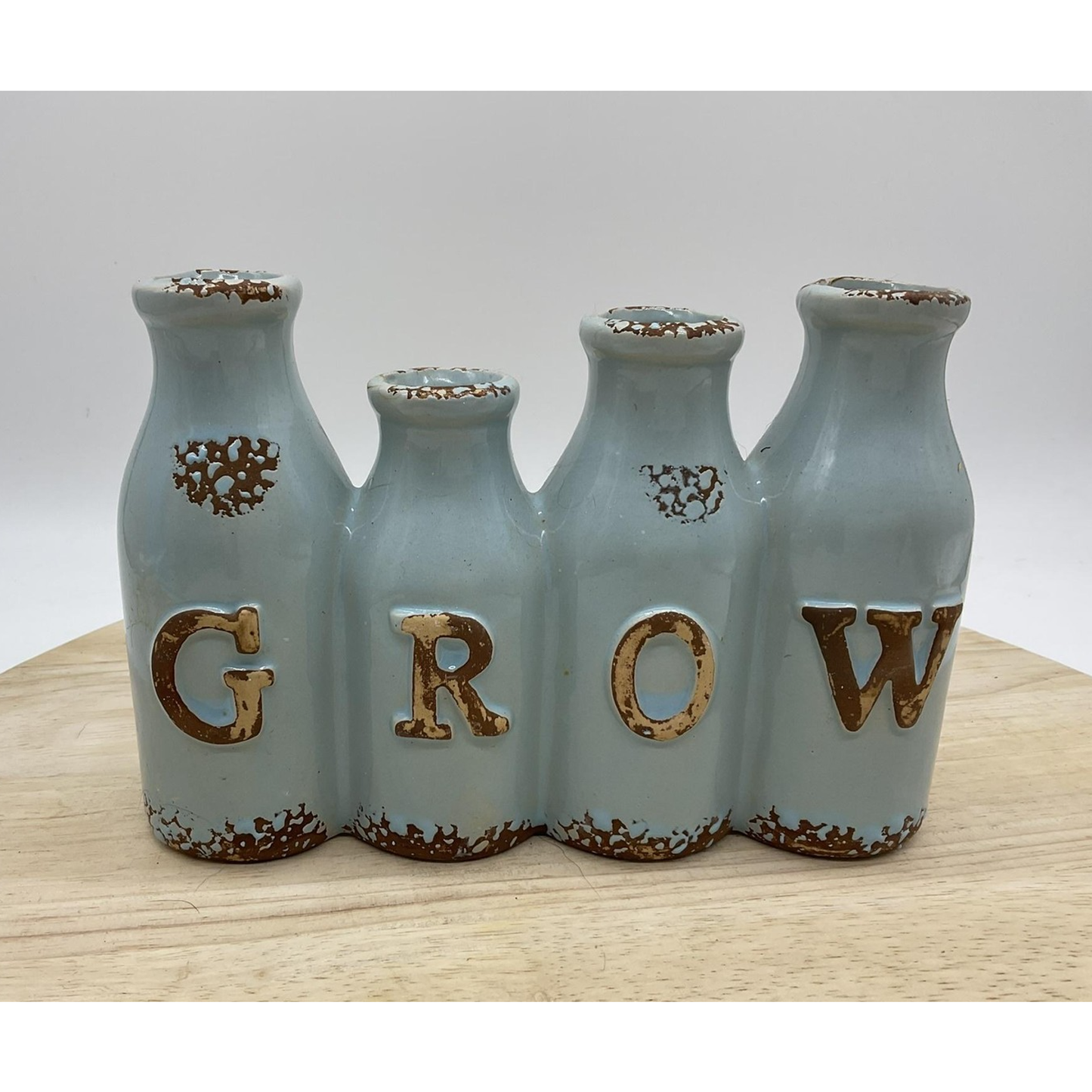 Ceramic GROW Bud Vase Blue Bottle Shape Rustic Farmhouse Floral Decor Tabletop