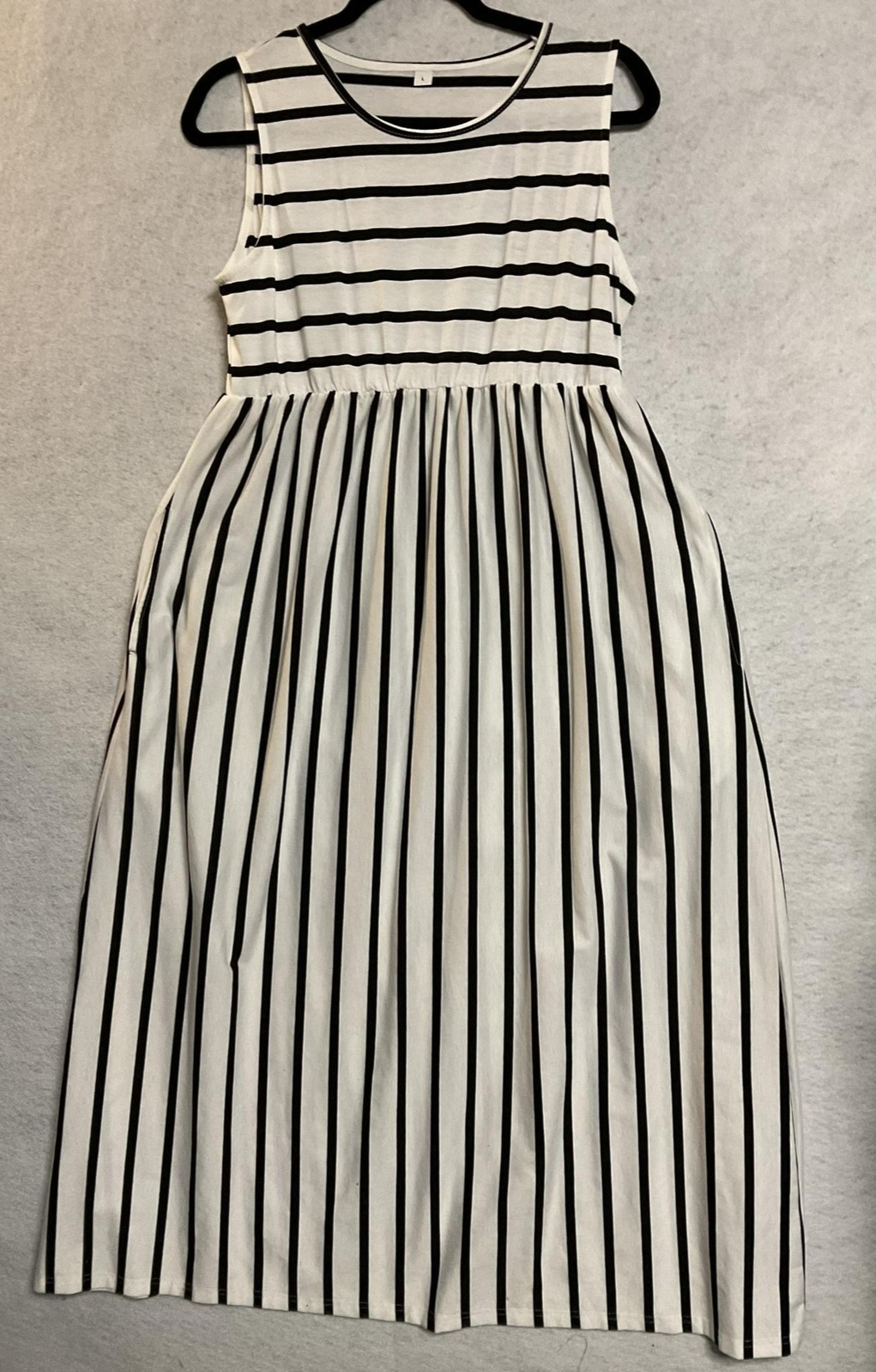 Dress Womens Large White Black Stripe Jersey Maxi Sleeveless Pockets Summer