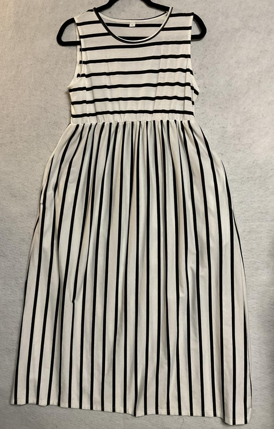 Dress Womens Large White Black Stripe Jersey Maxi Sleeveless Pockets Summer