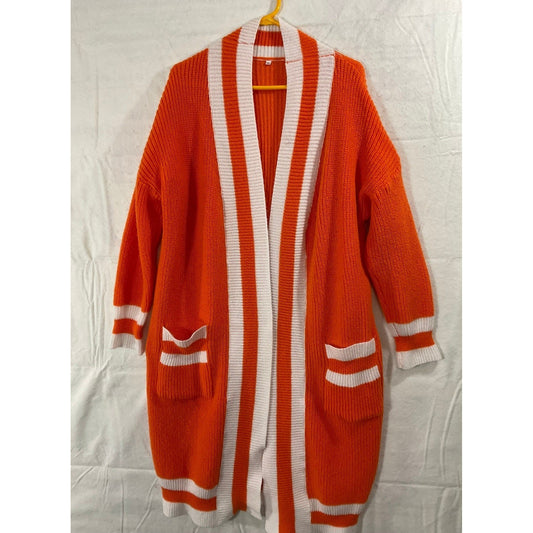 Unbranded Cardigan Women 1XL Orange White Striped Longline Open Front A23A106