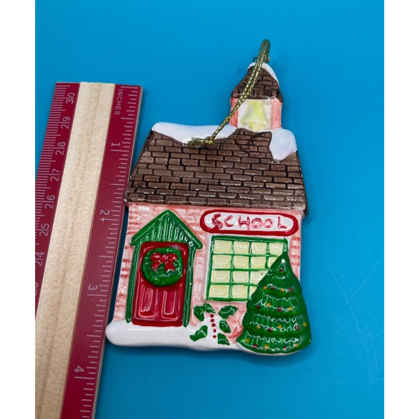 Retro School House Christmas Ornament by Russ Berry - Vintage, Excellent Shape