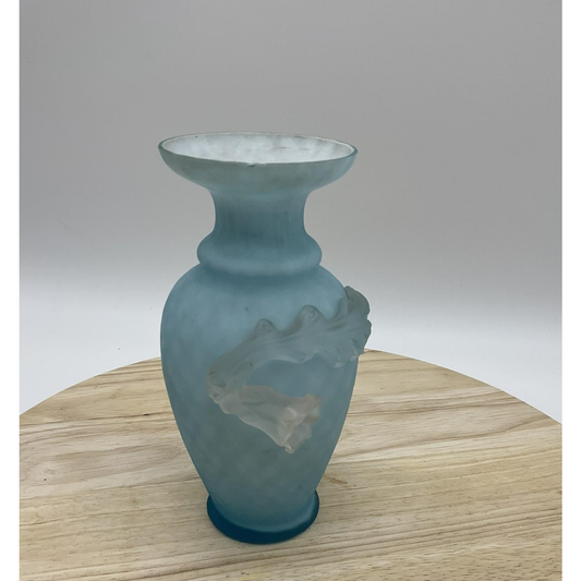 Vintage Blue Art Glass Vase 8" Frosted Satin Swirl Handles Floral Decor Home