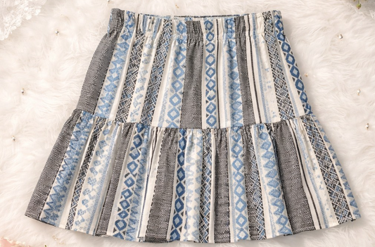 LOFT Skirt Womens Medium Blue Geometric Tiered A-Line Short Lined Elastic Waist