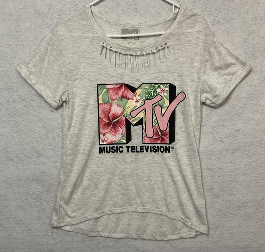 MTV Music Shirt Girls M Gray Floral Logo Cutout Scoop Neck Graphic Tee