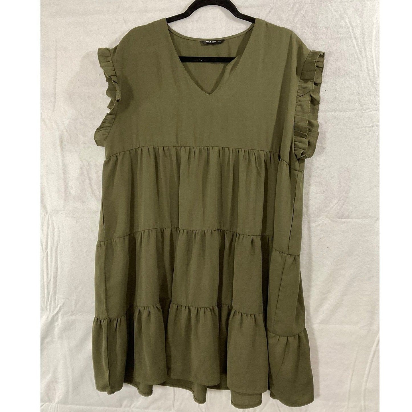Shein Curve Babydoll Dress Women 1XL Olive Green Ruffle Sleeve Tiered Mini Boho
